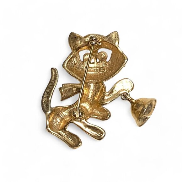 Vintage Avon Gold Tone Cat Brooch With Bow & Working Bell - Picture 2 of 4